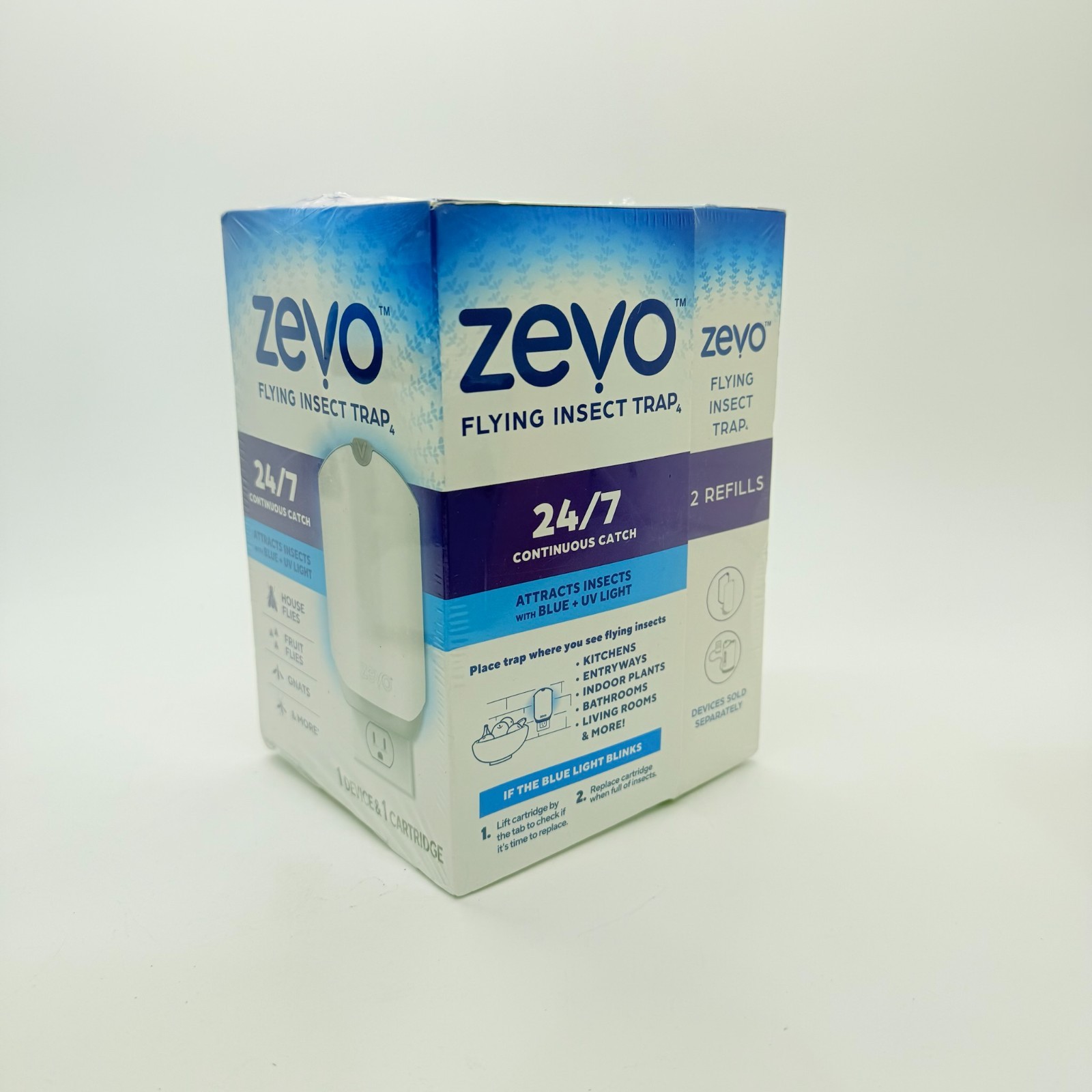 Zevo Indoor Flying Insect Trap Starter Kit plus 2 Refill Cartridges New Sealed