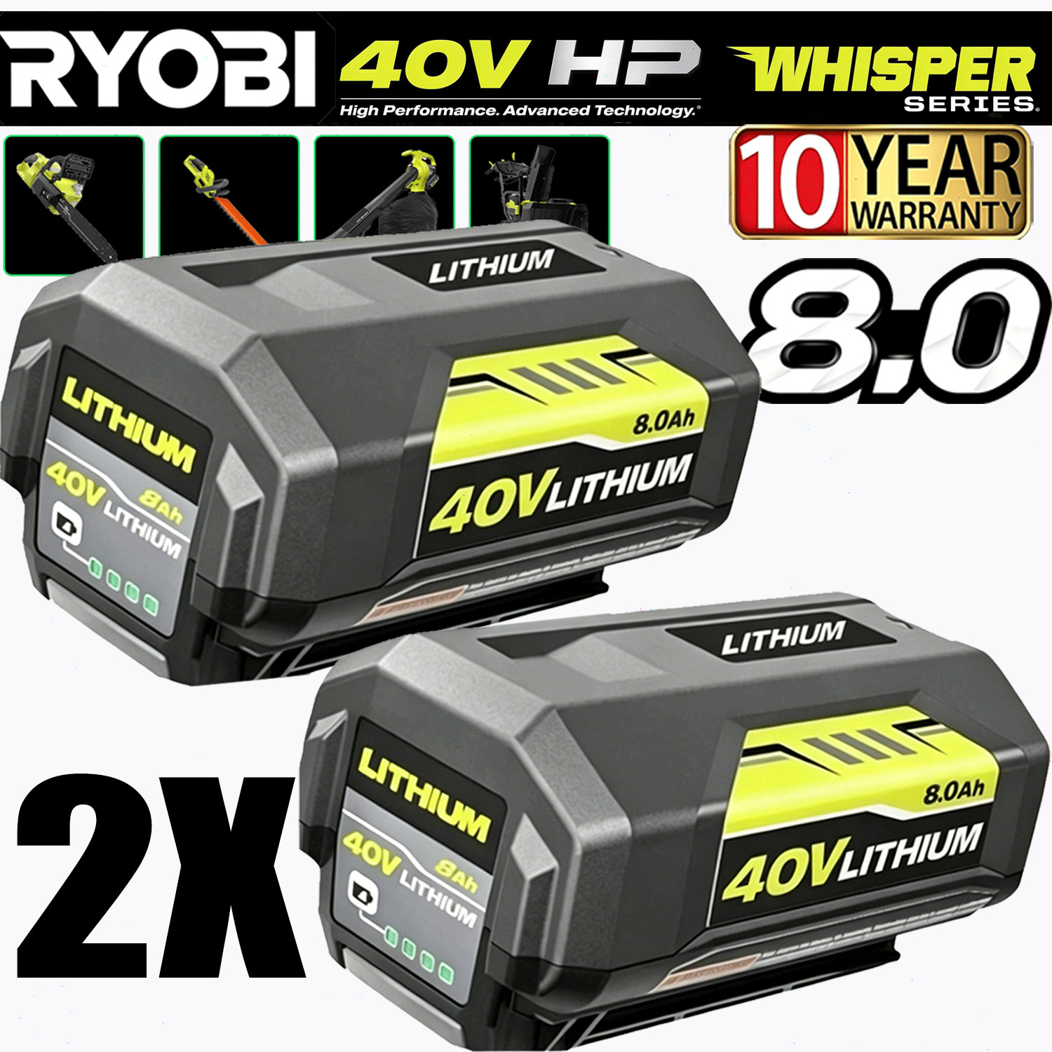 2Pack 8.0Ah Battery 40 Volt for Ryobi 40V Lithium-ion OP40602 Battery with LED