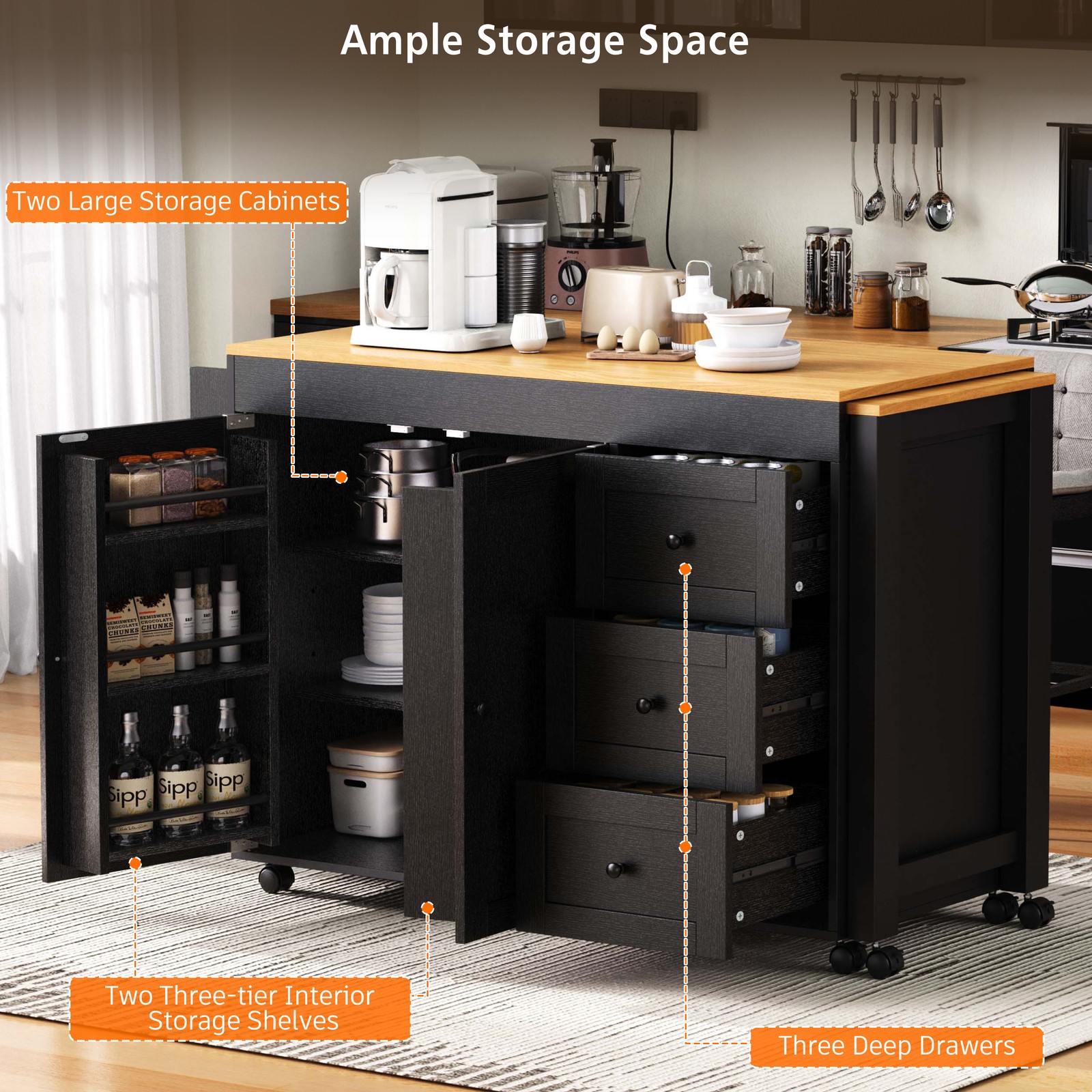 74.8 Inch Kitchen Island with Extendable Dining Table Rolling Storage Cart Power