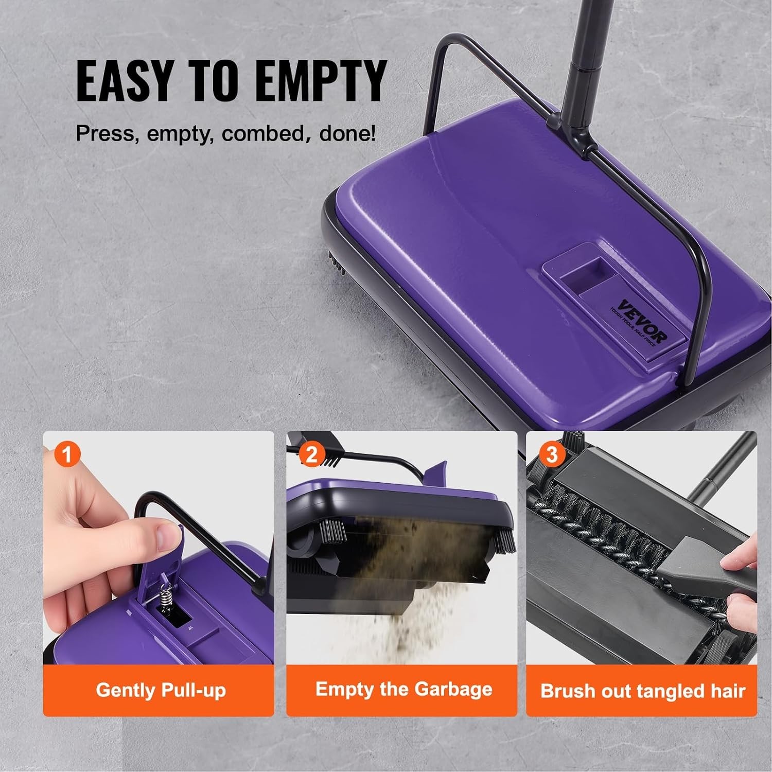 Versatile 6.7in Carpet Sweeper – Quiet Operation, Easy Disposal, Purple Design