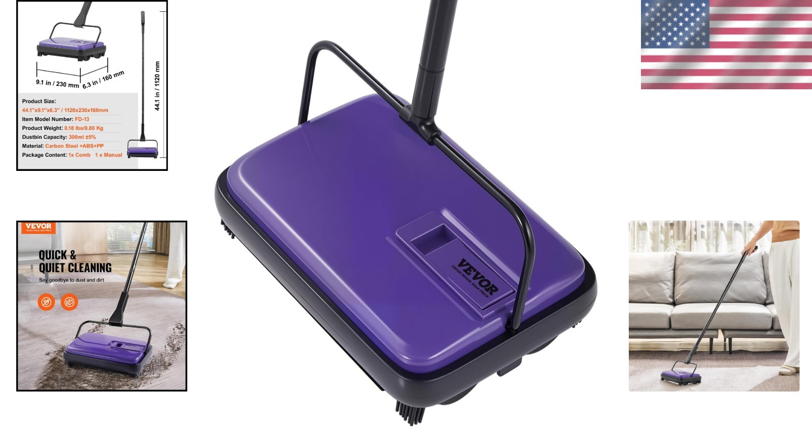 Versatile 6.7in Carpet Sweeper – Quiet Operation, Easy Disposal, Purple Design