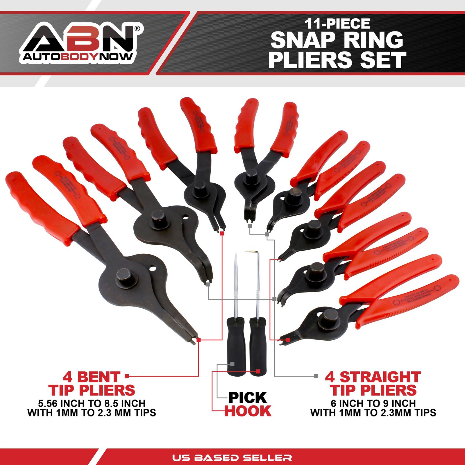 ABN Snap Ring Pliers 11pc Straight & Bent Retaining Ring Pliers w/ Hook & Pick