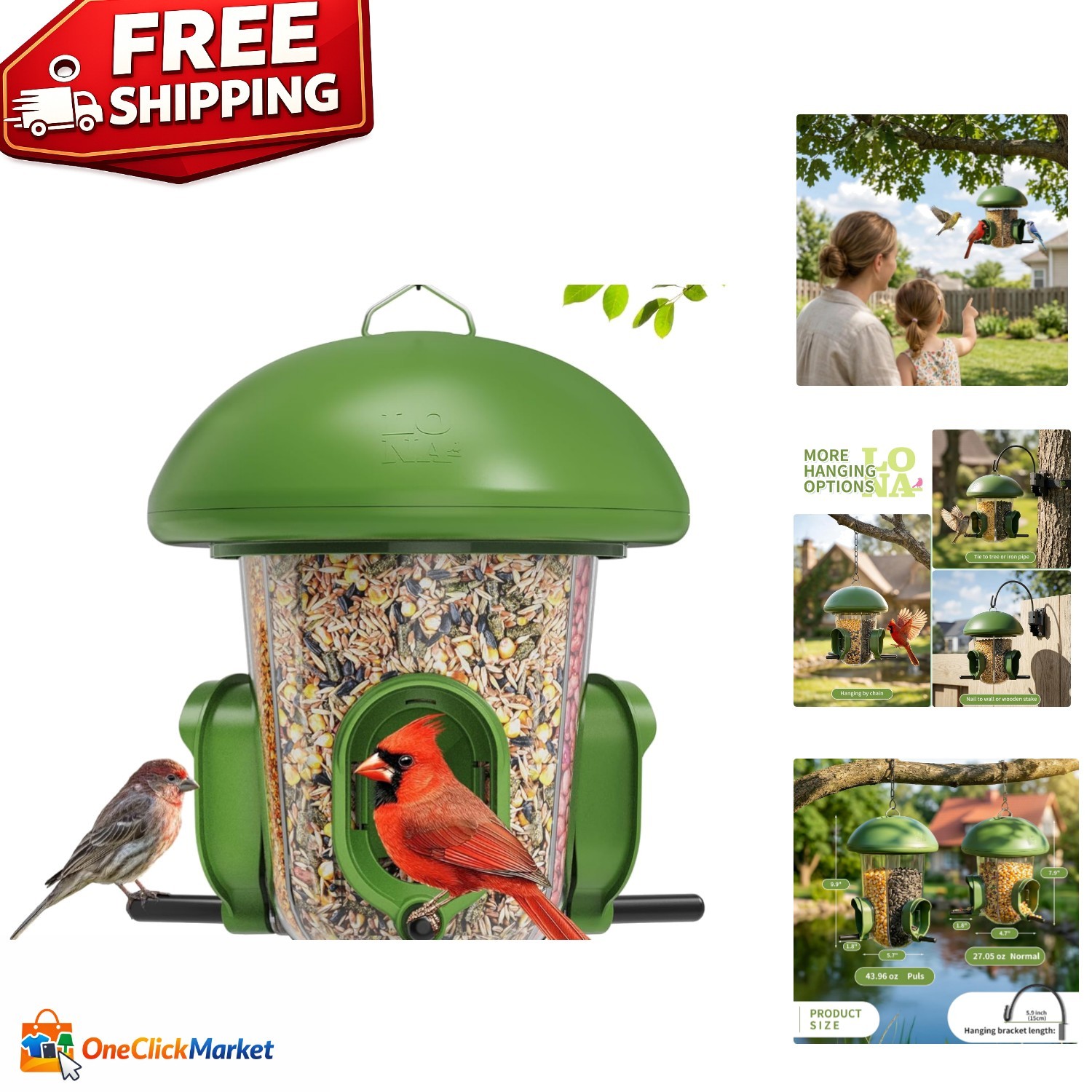 LONA Hanging Bird Feeder – Weatherproof, 3 Ports, 1.7 lb Capacity for Outdoors