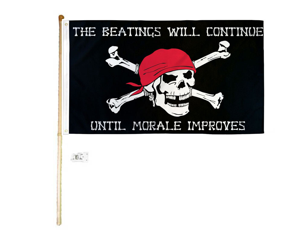 5′ Wood Flag Pole Kit Wall Mount Bracket 3×5 Pirate Beatings Will Continue Flag
