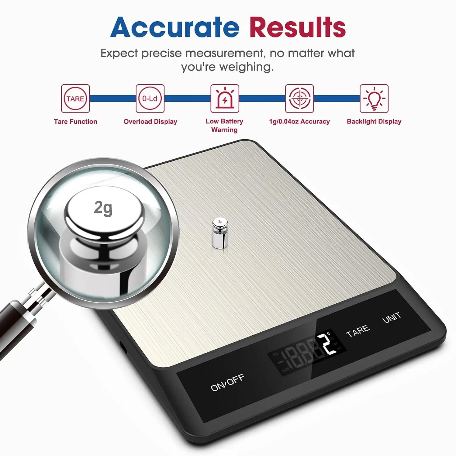 Digital kitchen scale 11lb/5kg, 1g precision, 6 units, stainless steel LCD