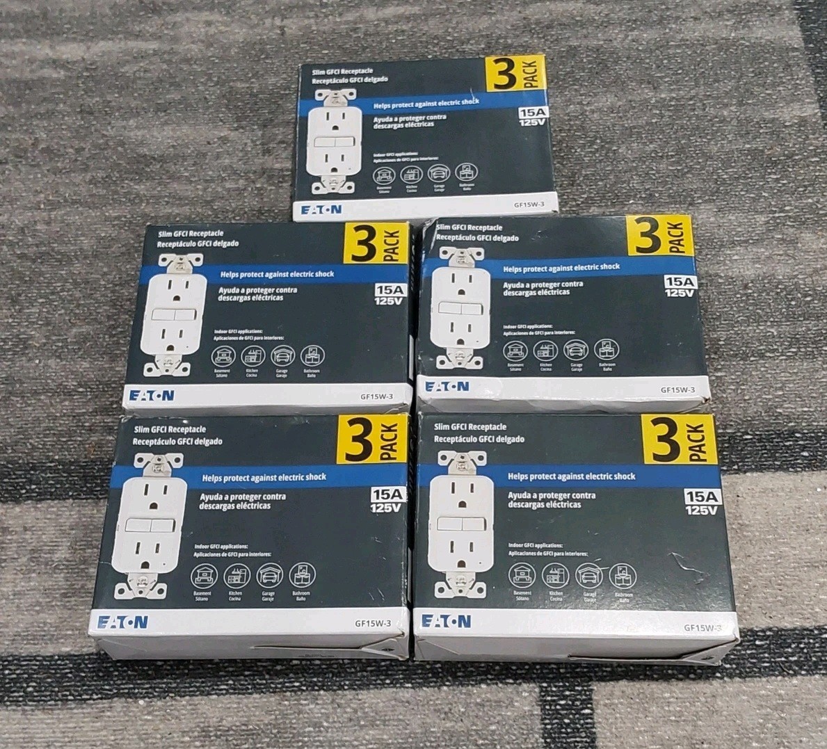 Eaton (GF15W-3) 15A 125V GFCI Receptacle LOT OF 5 White, 3-Pack NEW i1***