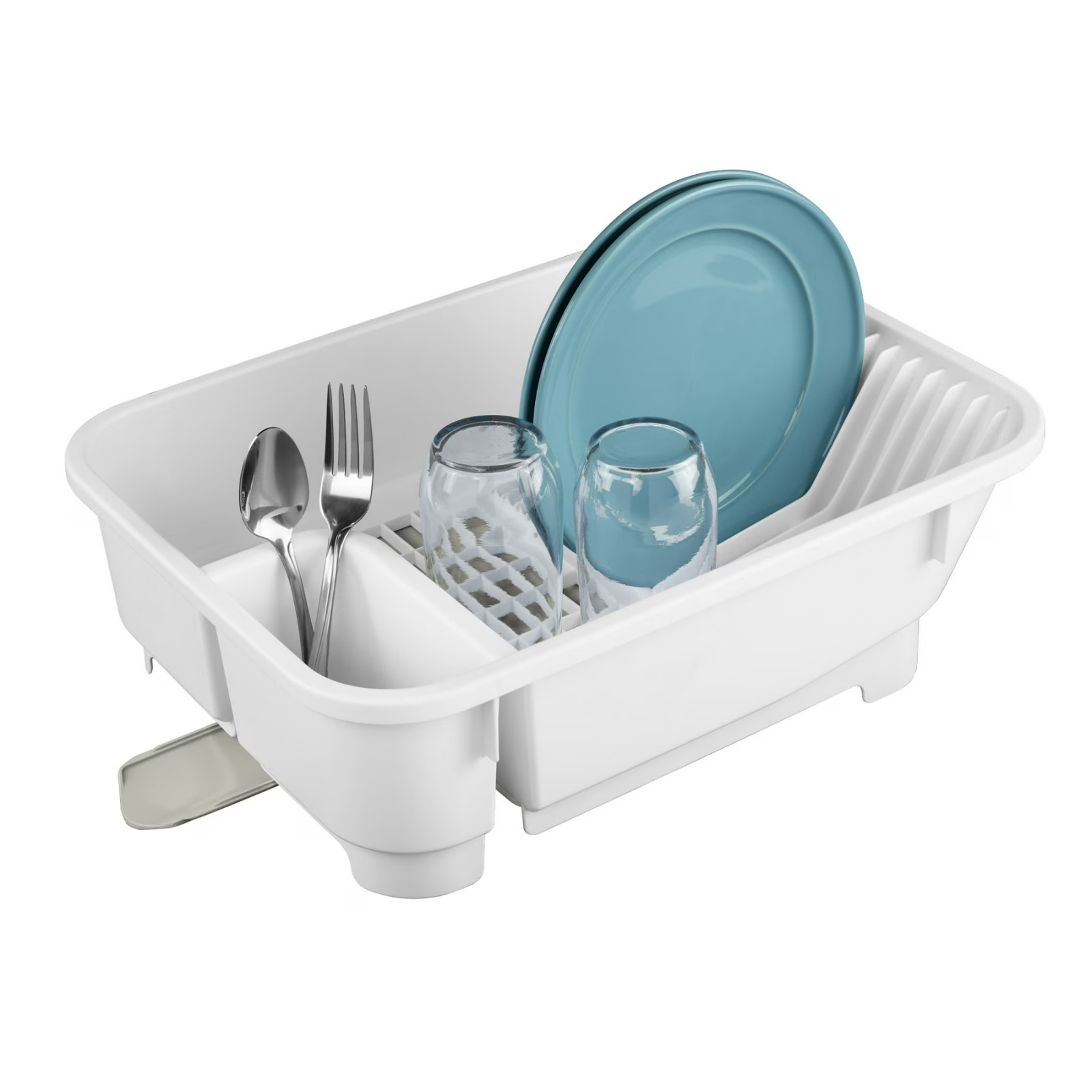 Self Draining Dish Drying Rack with Spout Countertop Kitchen Sink Drainer White