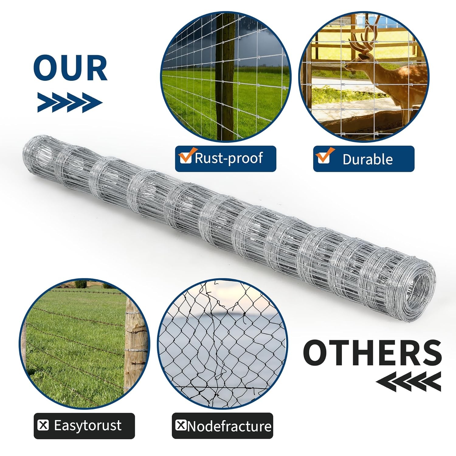 4/5/6FT x 164/328FT Farm Fence Outdoor Galvanized Cattle Fence Animal Protection