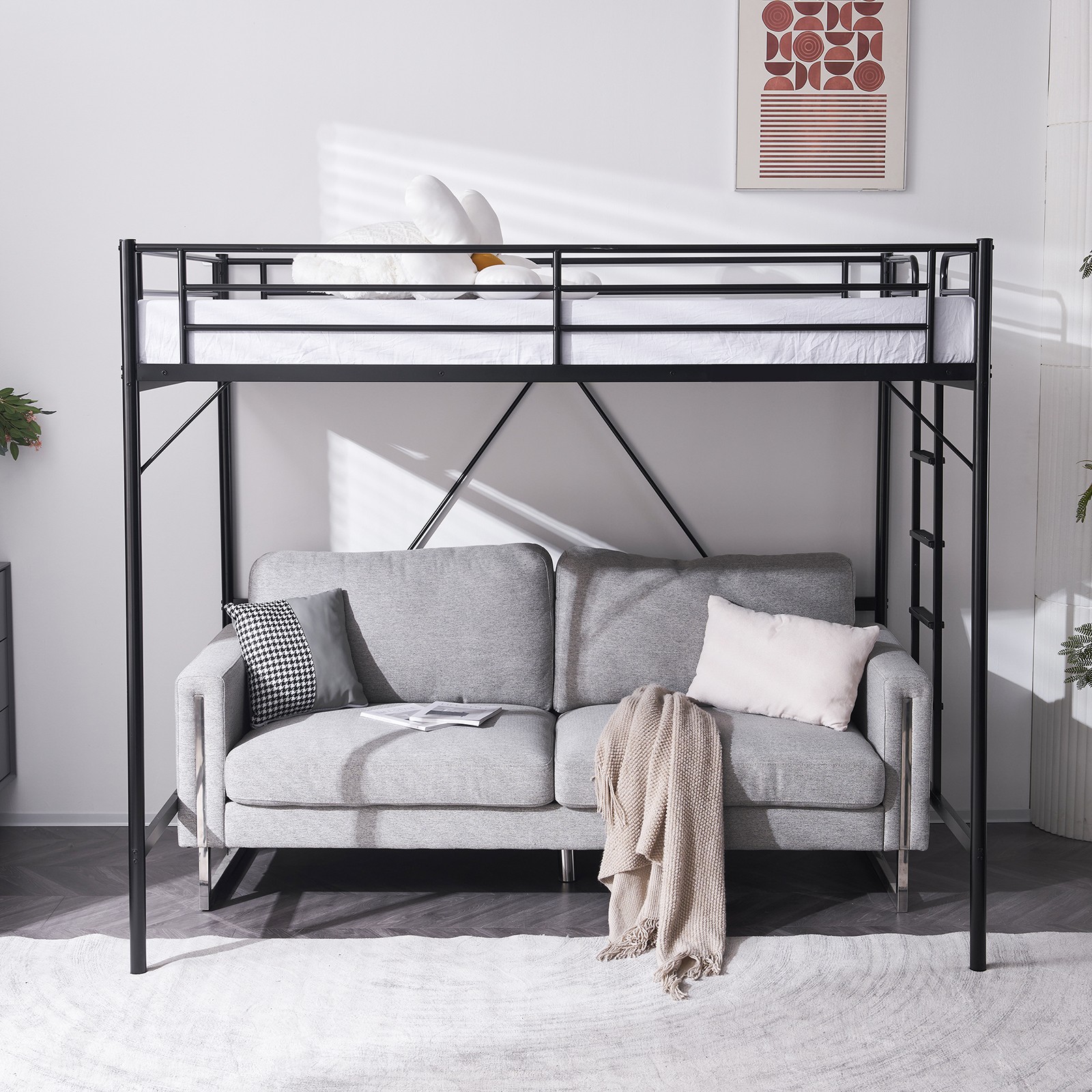 Metal Loft Bed with Built-in Ladders Loft Bed Full Size for Adults Kids Teens