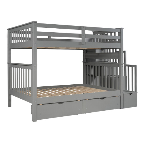 Full Over Full Bunk Bed w/ 6 Storage Drawers & Stairs For Kids Teens Adults Gray