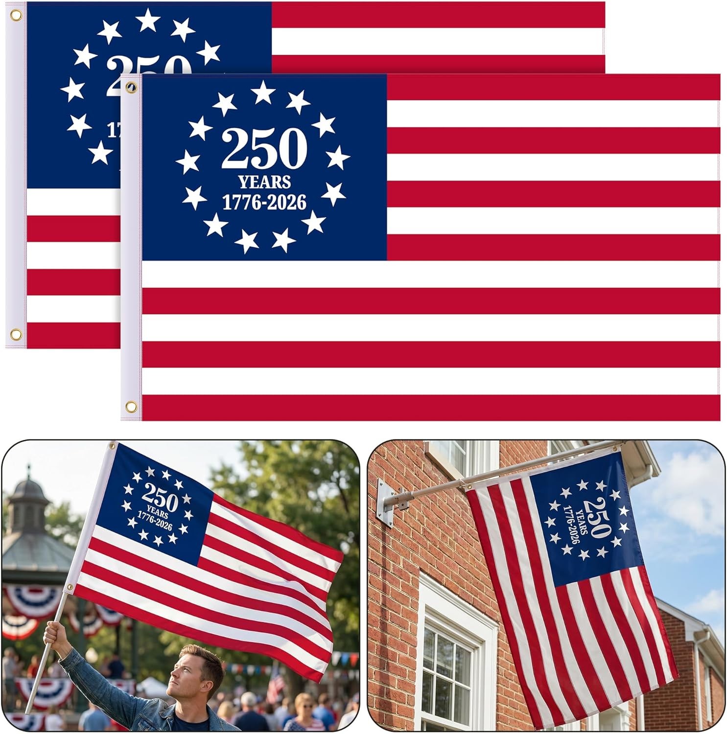 EBaokuup 2 Pcs USA 250th Anniversary Flag, 3 x 5 Ft Double-Sided 1776-2026 Patri