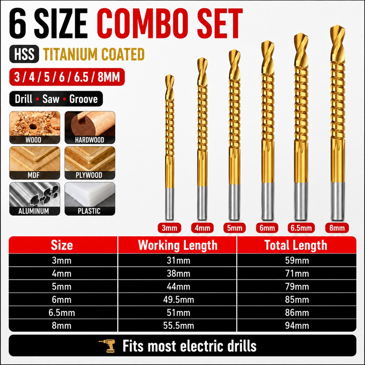 6PCS Titanium Drill Bit Tool Set,3-8mm Twist Drill,For Wood Metal Grooving