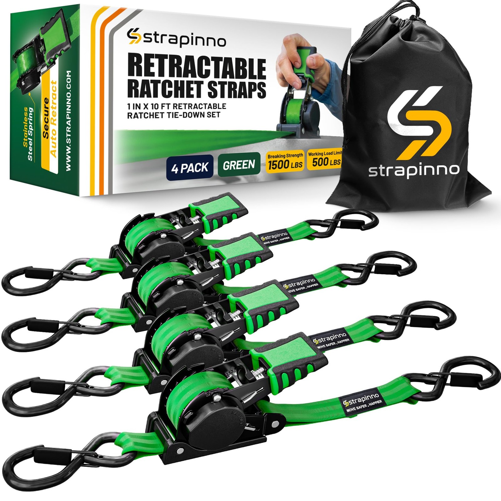 Retractable Ratchet Straps 1 in X 10 Ft 1,500LBS Break Strength – 500 Lbs