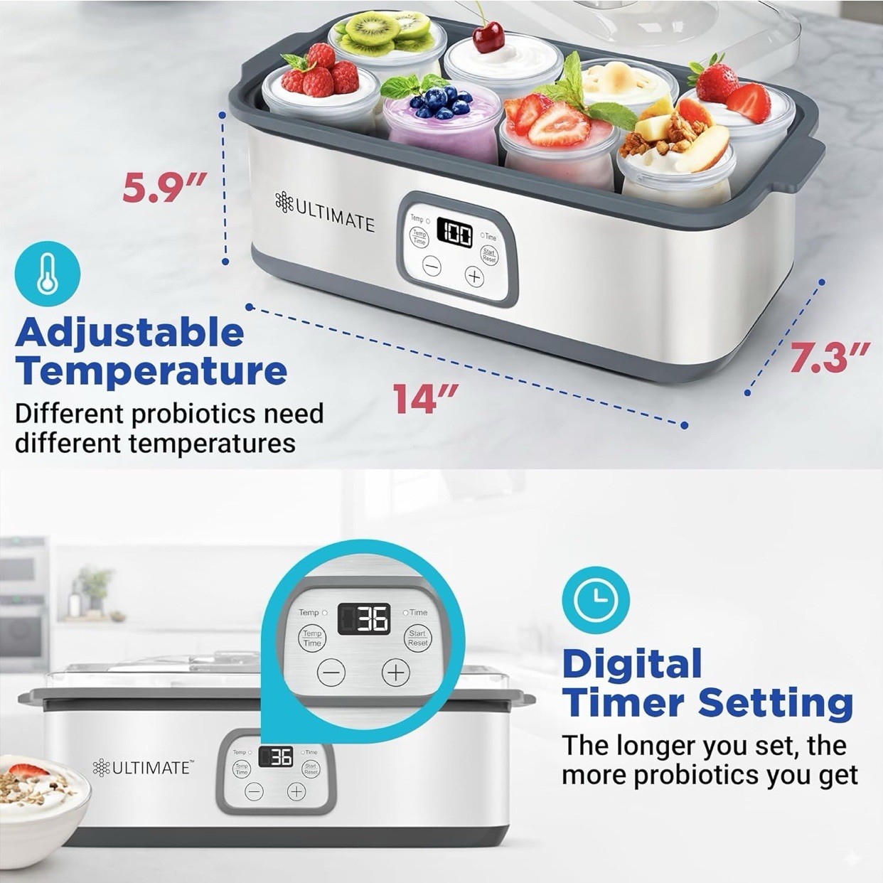 Ultimate Probiotic 8 Jars Yogurt Maker with Adjustable Temperature &Time Control