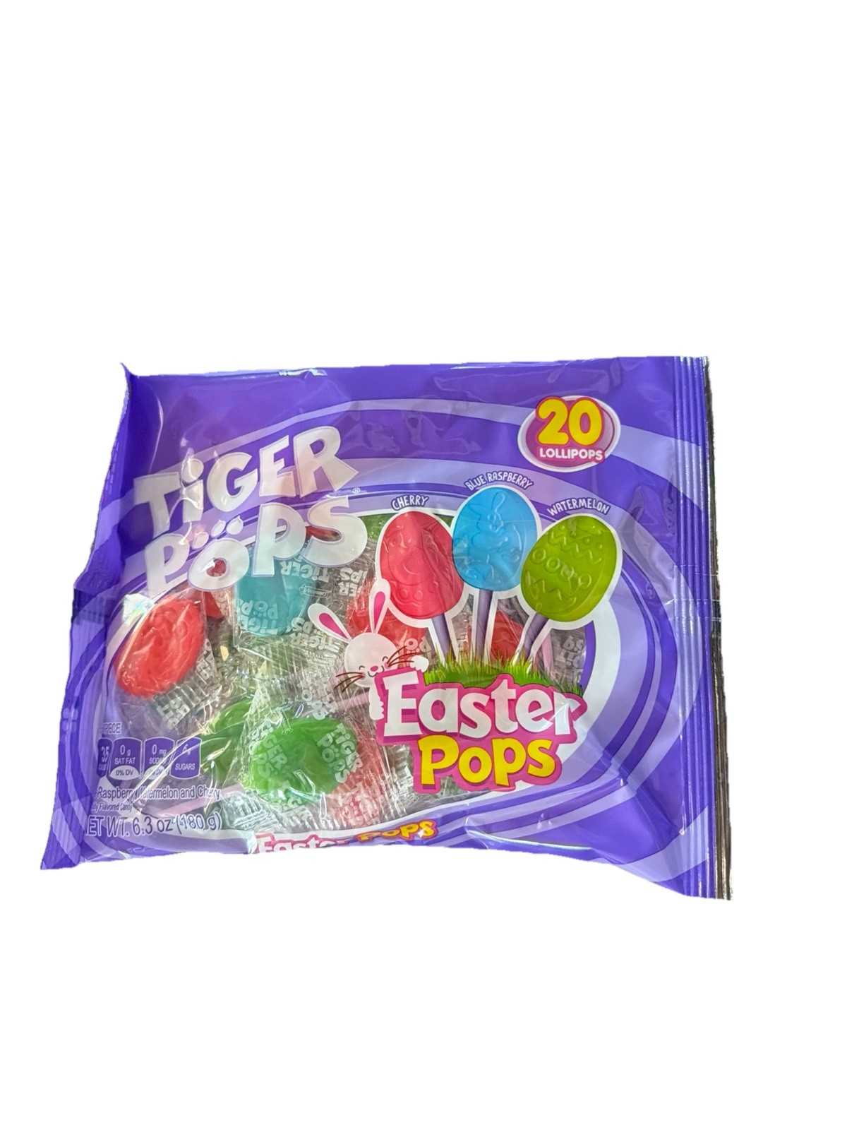 6.3oz/20ct Bag TIGER POPS Easter Pops Candy Cherry Blue Raspberry and Watermelon