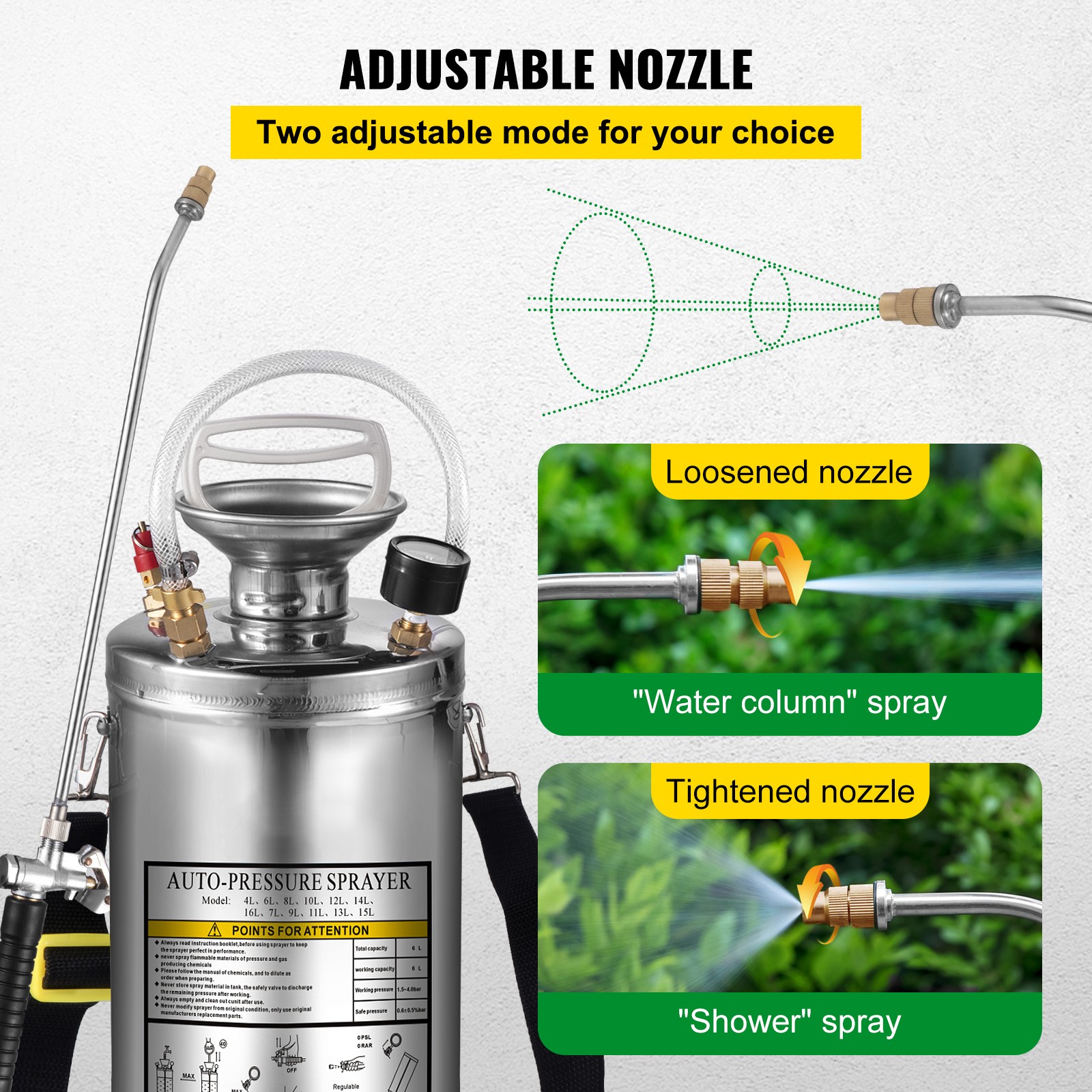 VEVOR Stainless Steel Sprayer 1.5 Gal Steel Hand-Pump Sprayer with 3.3 inch Hose