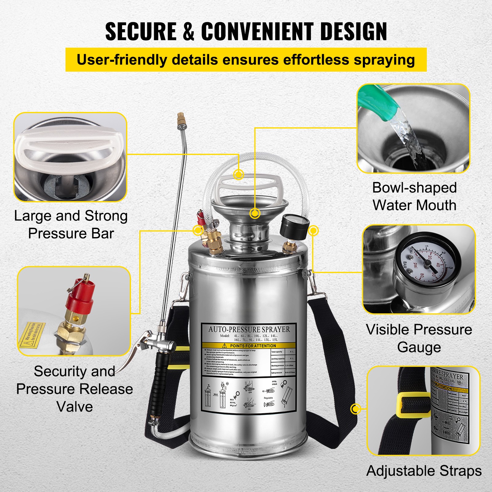 VEVOR Stainless Steel Sprayer 1.5 Gal Steel Hand-Pump Sprayer with 3.3 inch Hose