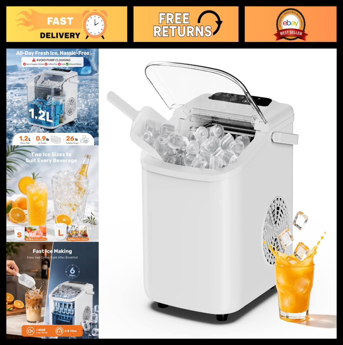 Portable Ice Maker Machine – 9 Cubes in 6 Mins, 26.5lbs/24Hrs, Scoop & Basket, I