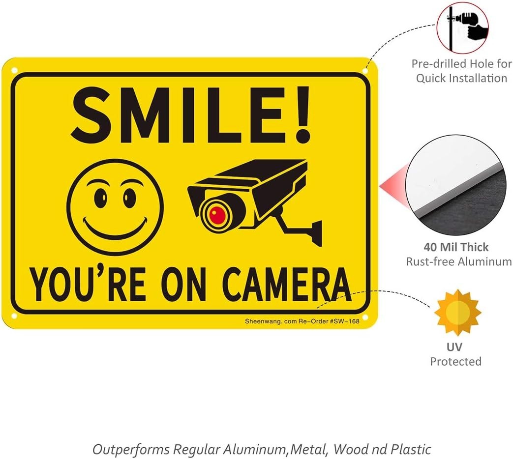 Bright Yellow 10×7 Security Signs – 2-Pack Smiley Face Video Surveillance Alerts