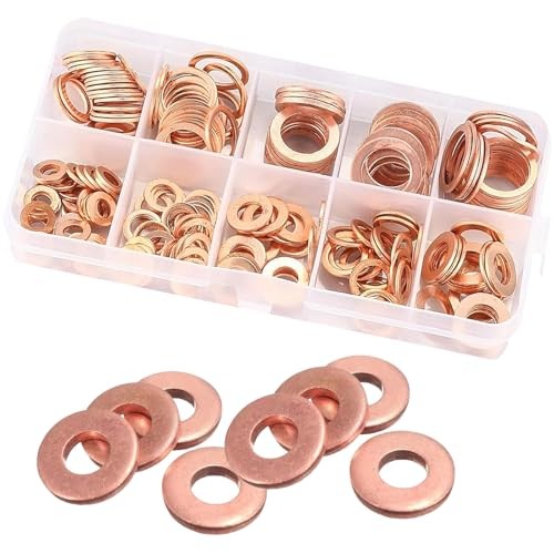 200 PCS Copper Crush Metric Washers Assortment Kit, Sealing Flat Ring Washer