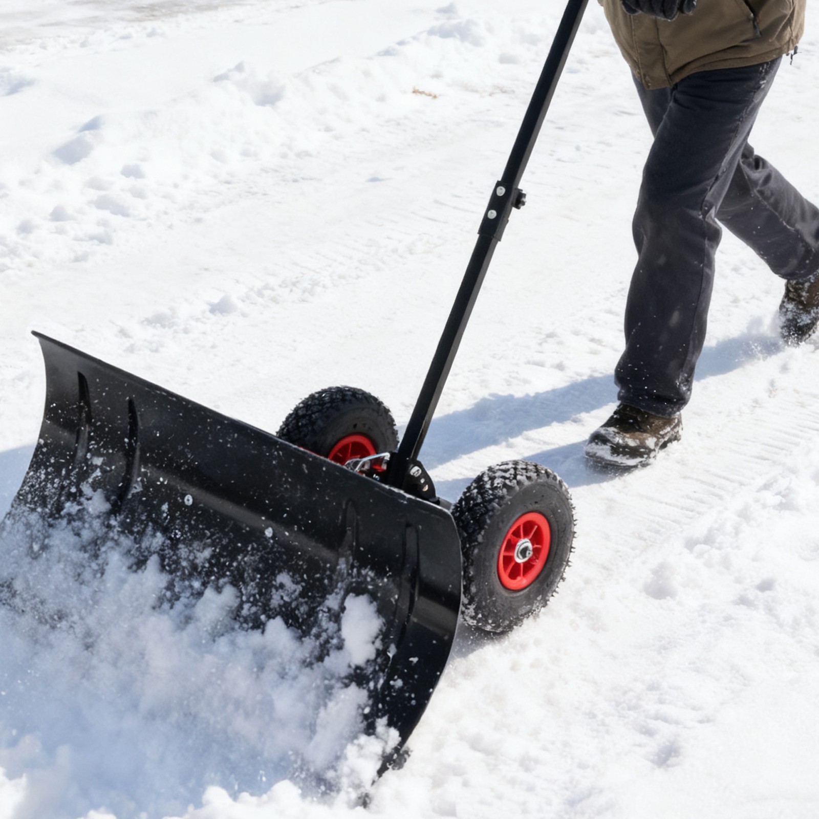 Snow Shovel Pusher w/ Adjustable Handle & Wheels for Driveway Snow Removal New