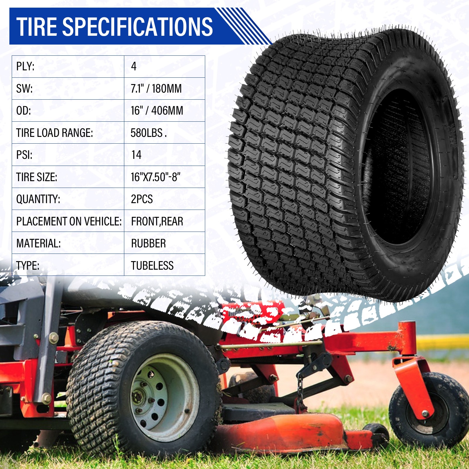 2pcs 16×7.50-8 Lawn Mower Tractor Turf Tires 4 Ply Rated 16×7.5-8 Tubeless
