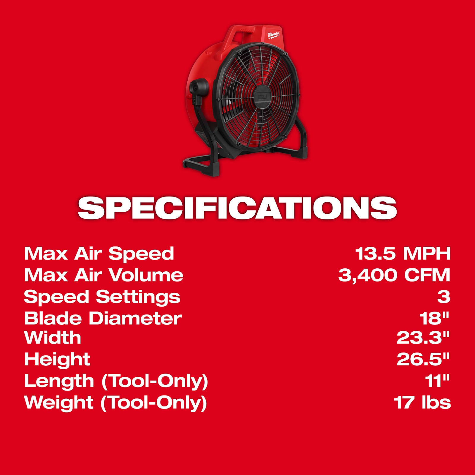 Milwaukee Tool 0821-20 M18 Brushless 18″ Fan Tool Only
