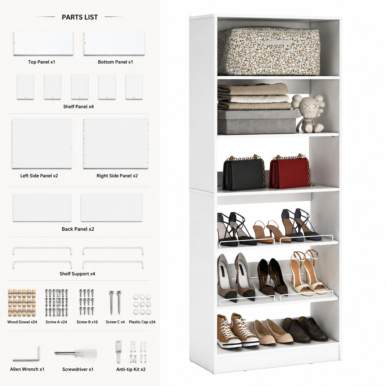 Freestanding Shoe Storage Shelves, Standalone Wood Shoe Rack, Heavy Duty Walk