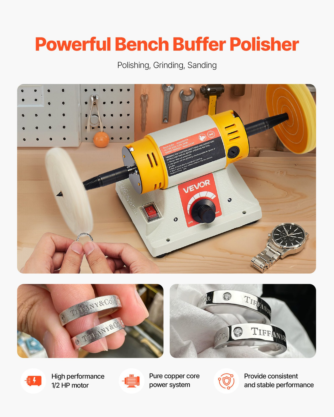 VEVOR Bench Buffer Polisher, 1/2HP Polishing and Buffing Machine, 0 to 8000RPM B