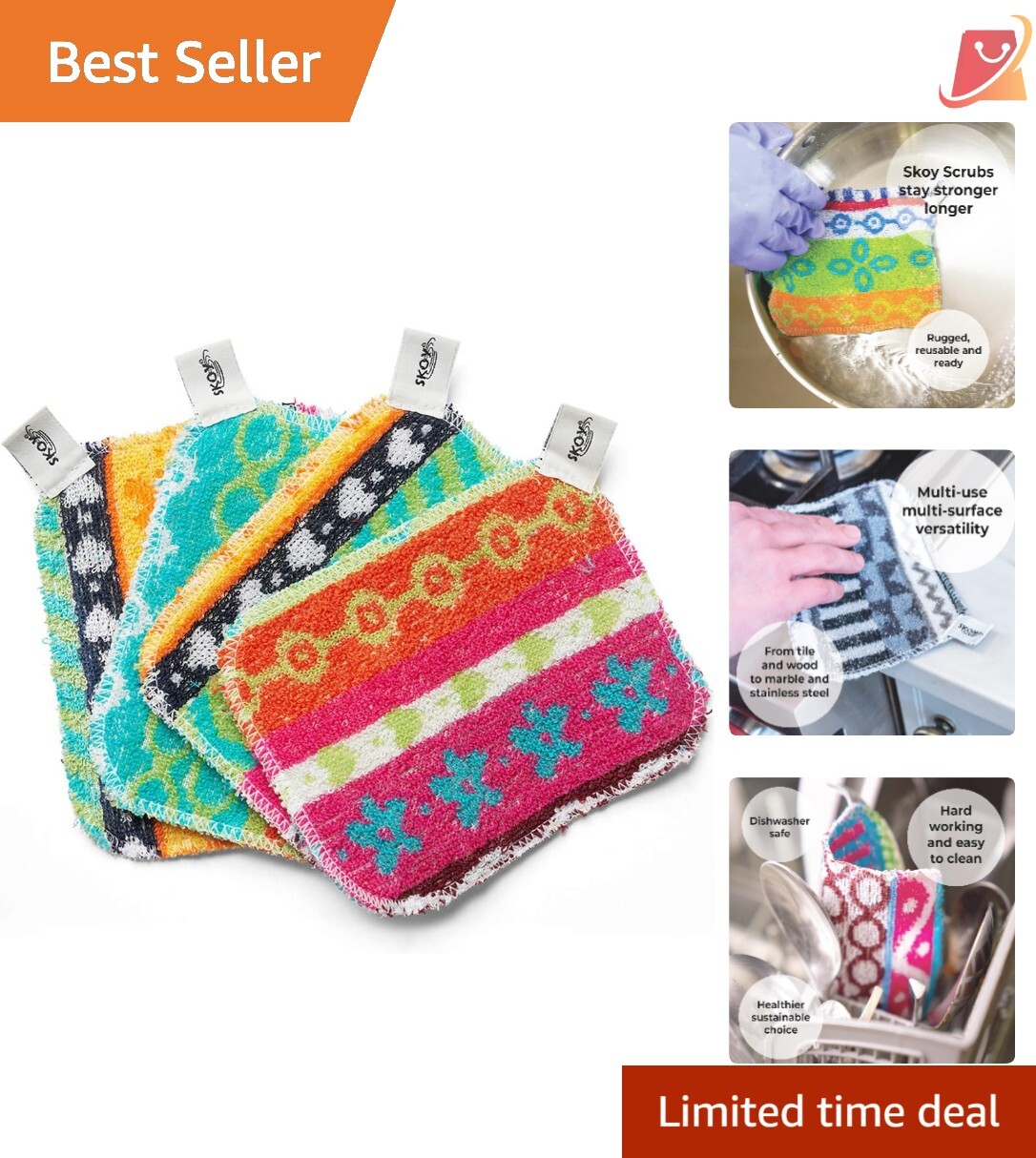 Dish Scrubber Cotton 4-Pack Reusable Non-Scratching Eco-Friendly Kitchen Clean