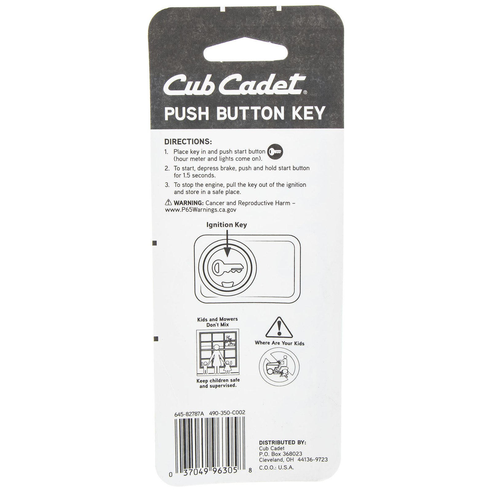 CUB CADET 490-350-C002 Push Button Key RZT SX XT1 XT2 42 46 50 SLX54 SLX50 GX54