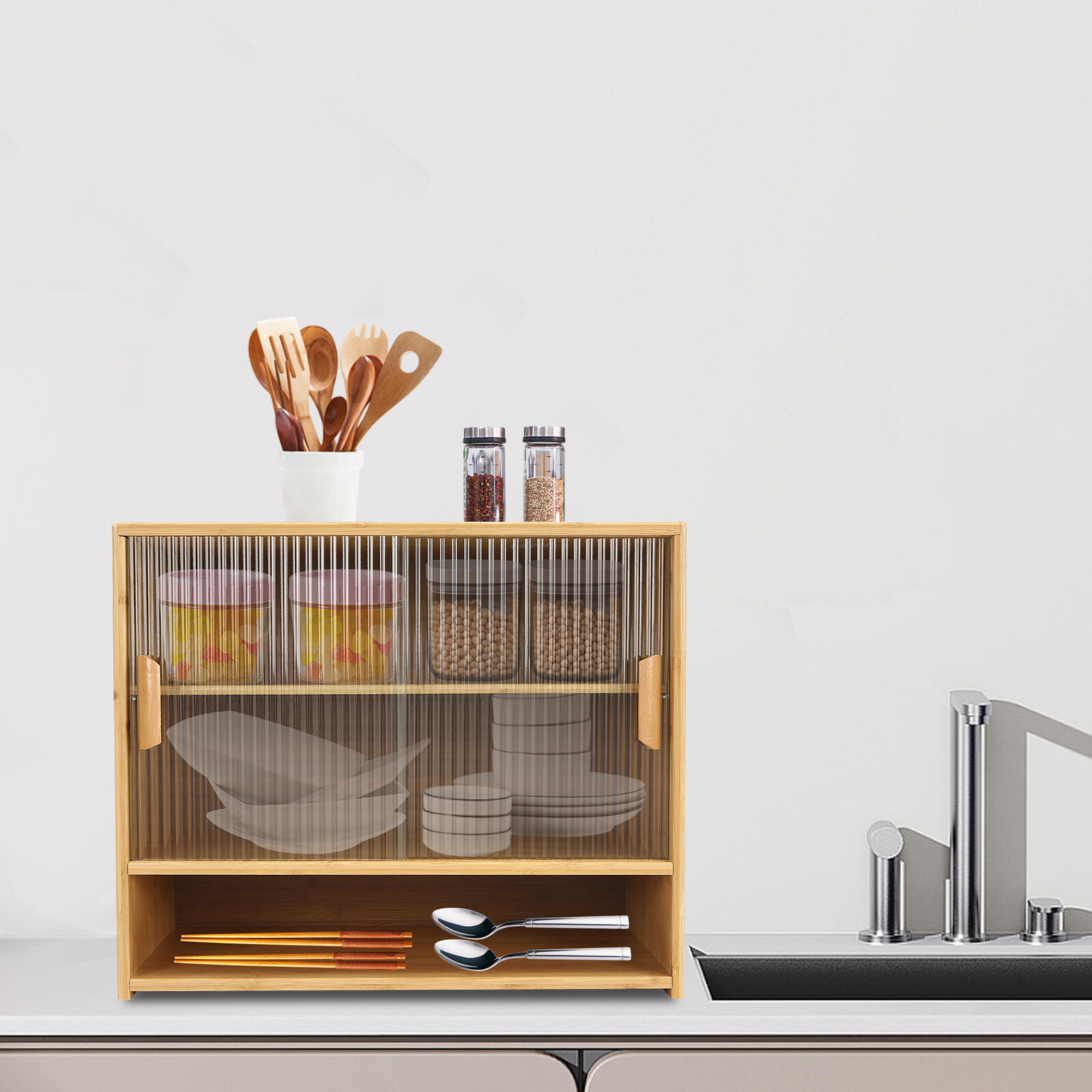 Small Bamboo Kitchen Pantry Sideboard Freestanding Countertop Storage Cabinet US