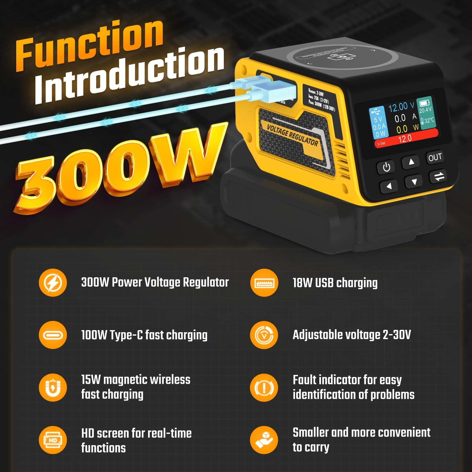 300W DC 2-30V Adjustable Voltage Regulator Compatible with Dewalt 20V Battery