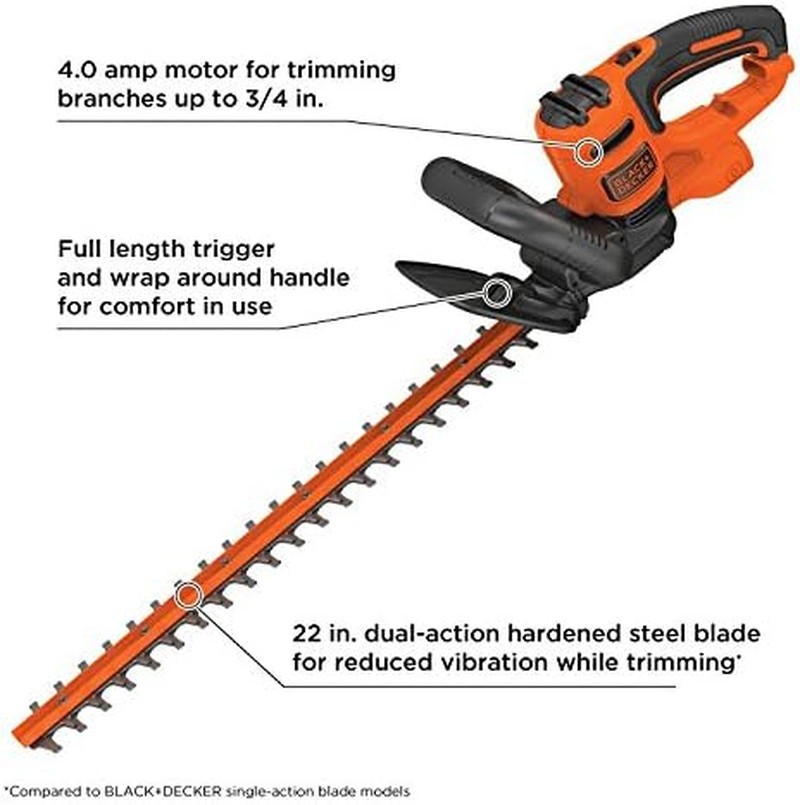 BLACK+DECKER 22″ Electric Hedge Trimmer, Lightweight 4.0 Amp Corded Dual Action