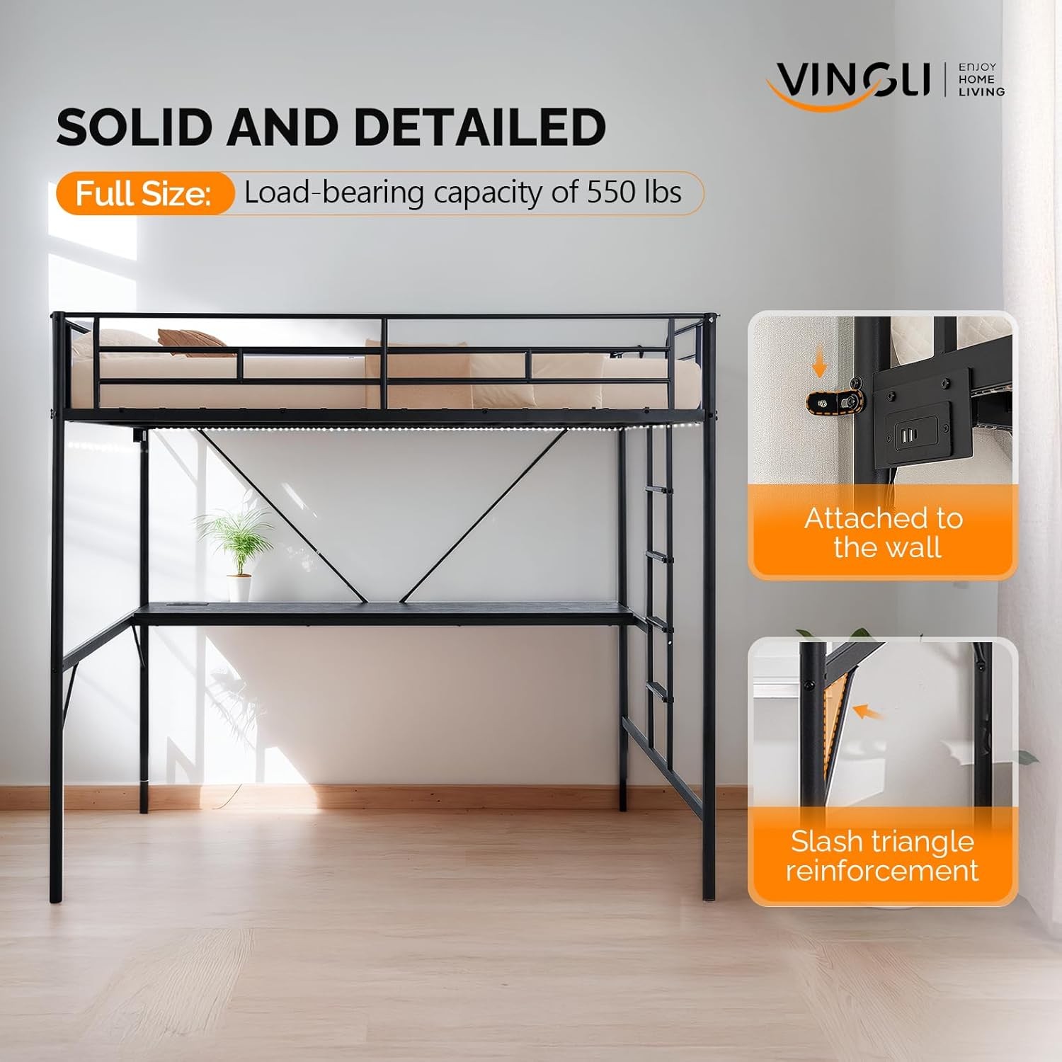 Full Size Metal Loft Bunk Bed Frame for Kids Teens Adults with Desk Underneath,2