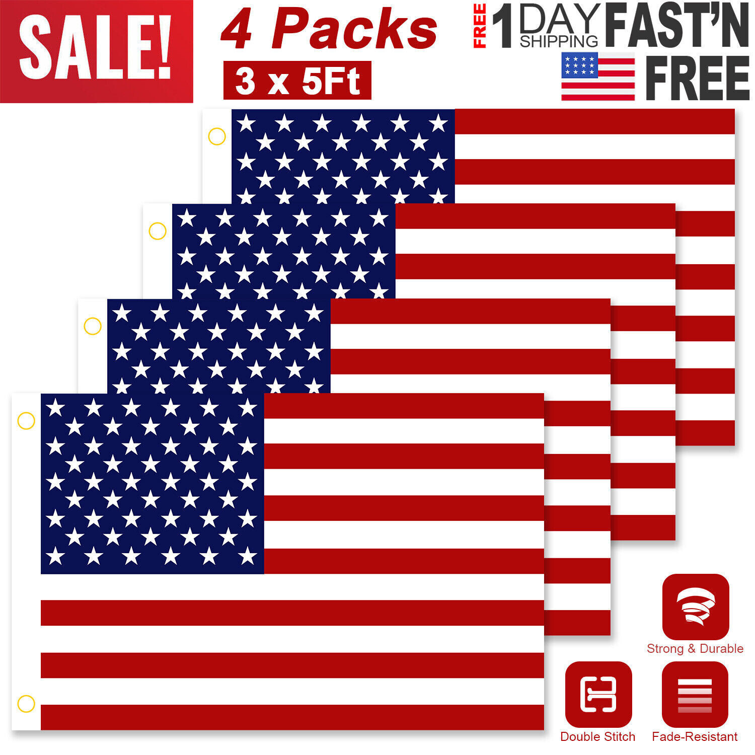 4 Pack 3’x 5’FT USA US U.S. American Flag Polyester Stars Brass Grommets US Flag