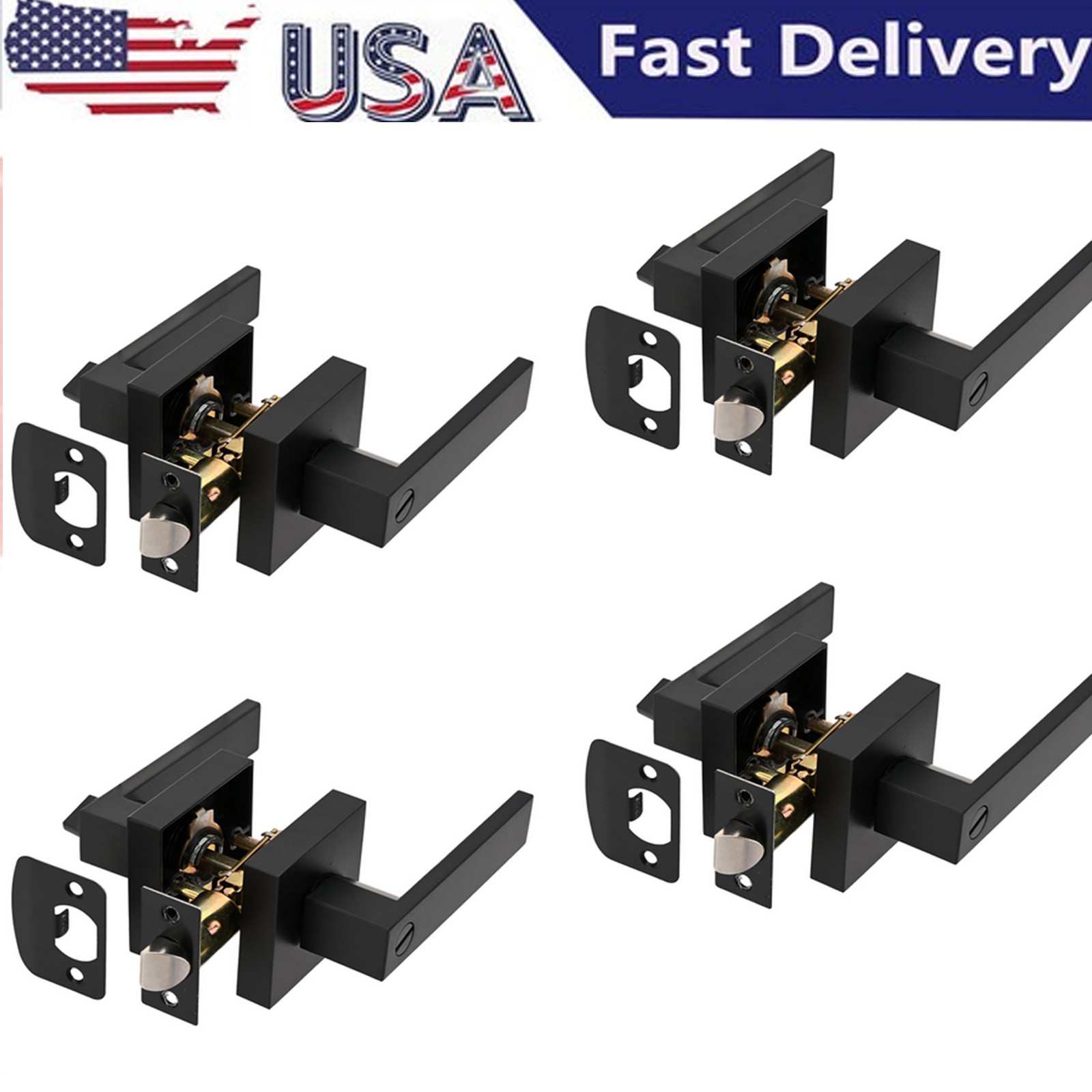 4x Universal Matte Black Square Door Lever Handle Privacy Passage Interior Lock