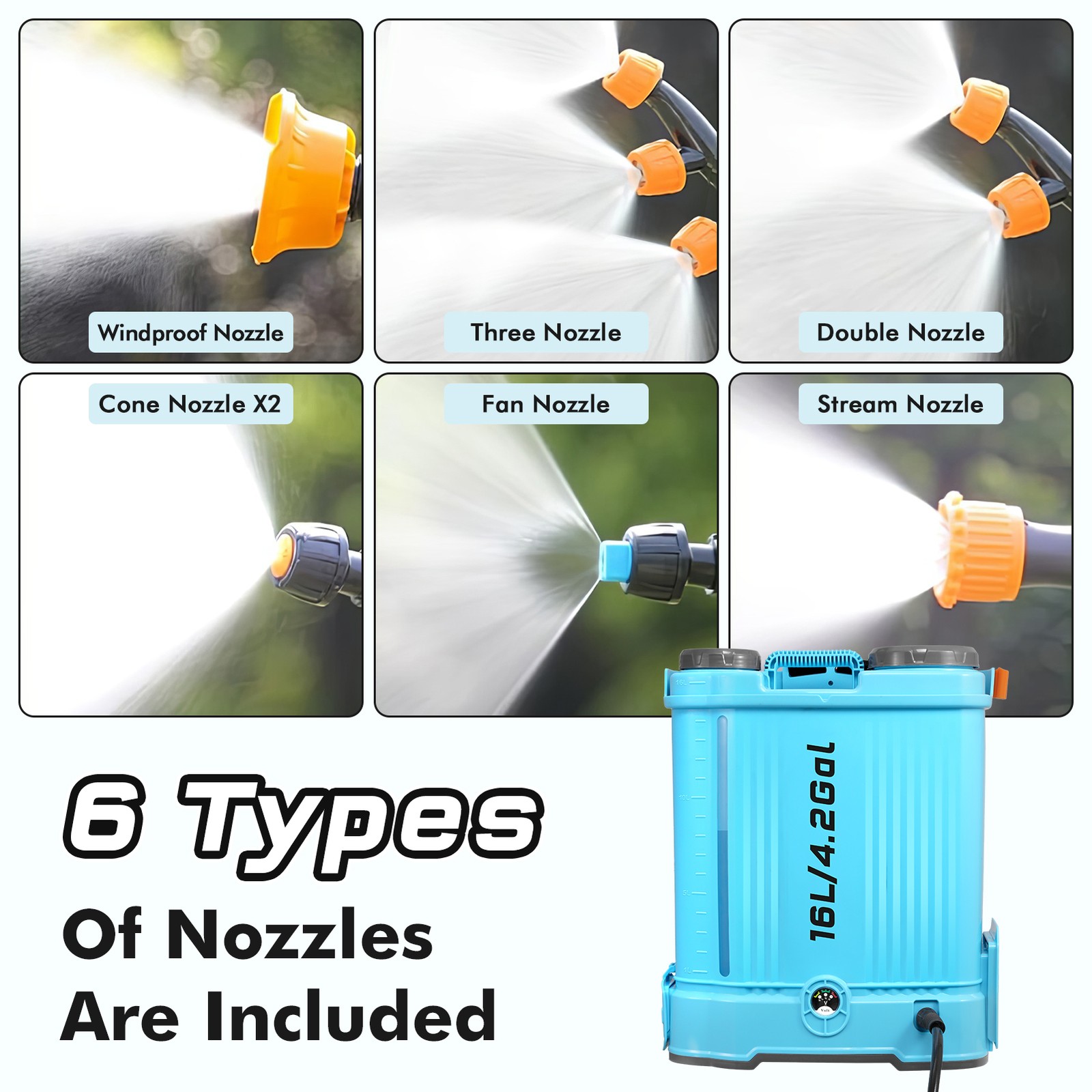 4.2 Gallon Battery Powered Backpack Sprayer with Battey and 6 Nozzles for Lawn