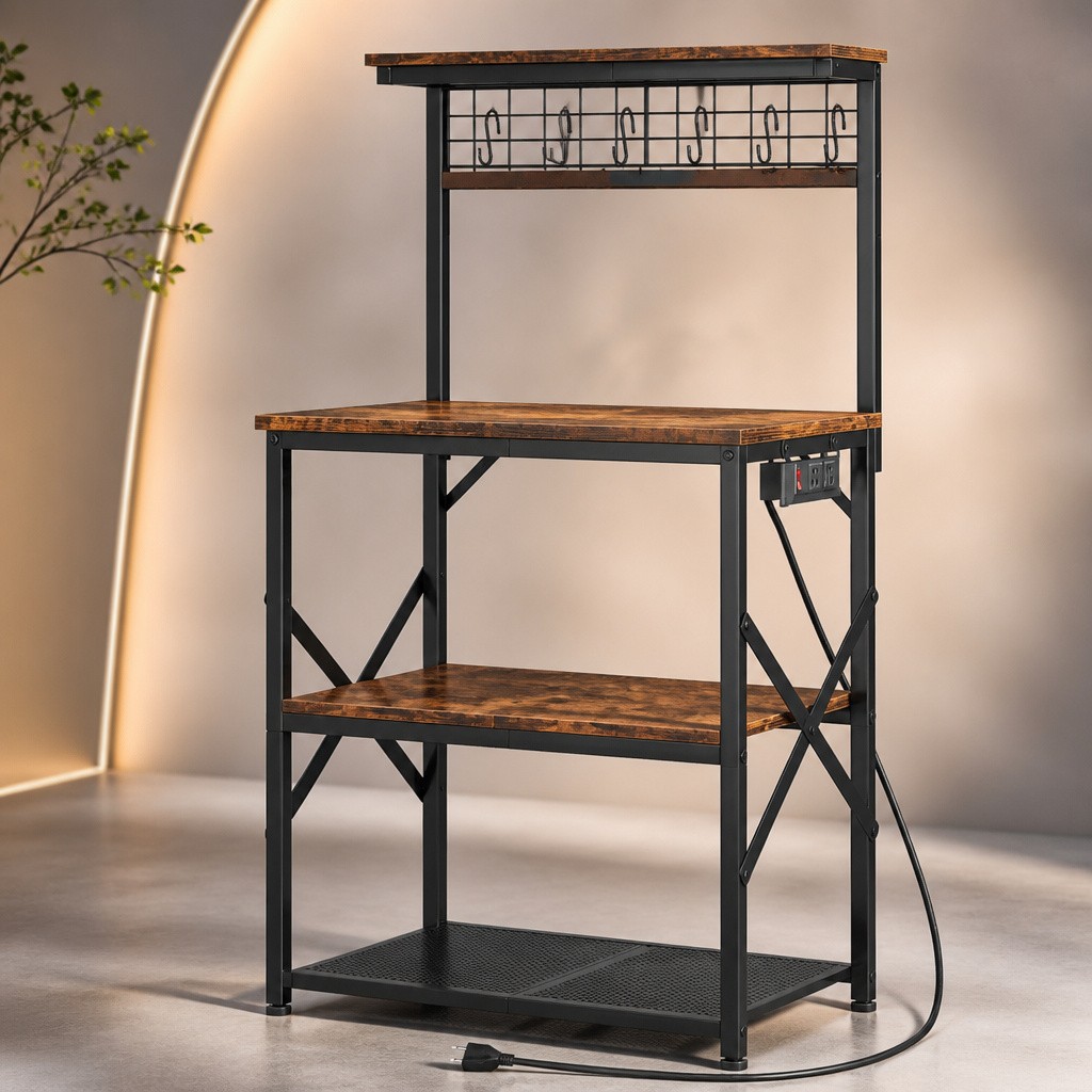 Kitchen Bakers Rack Power Outlet 4-Tier Oven Stand Storage New