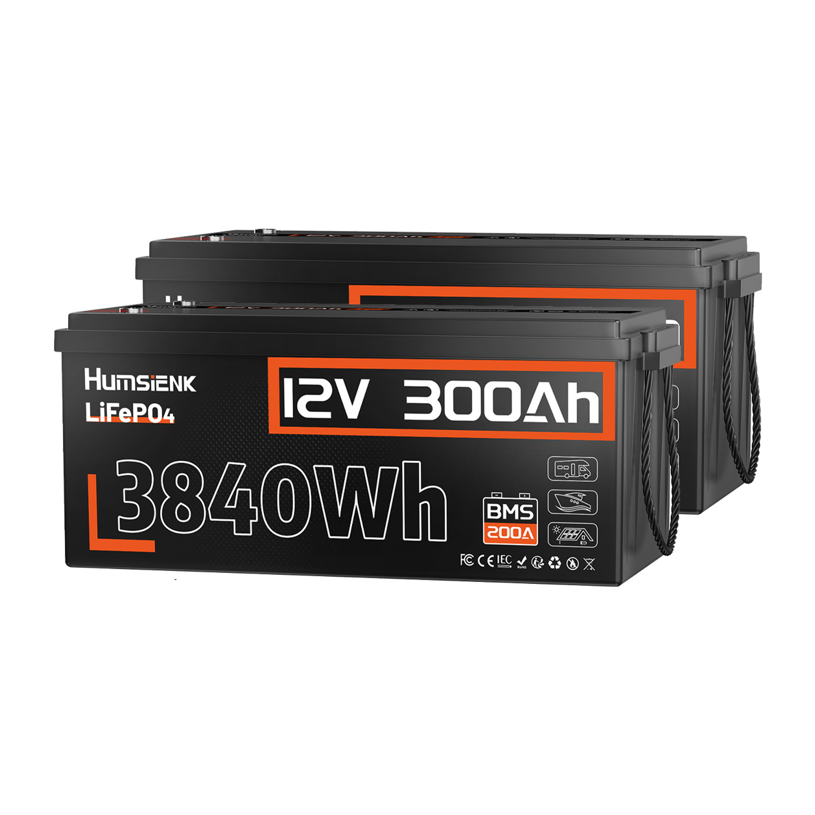 2Pcs 12V 300Ah 7680Wh LiFePO4 Battery 200A BMS Deep Cycles Marine RV Yacht Boat