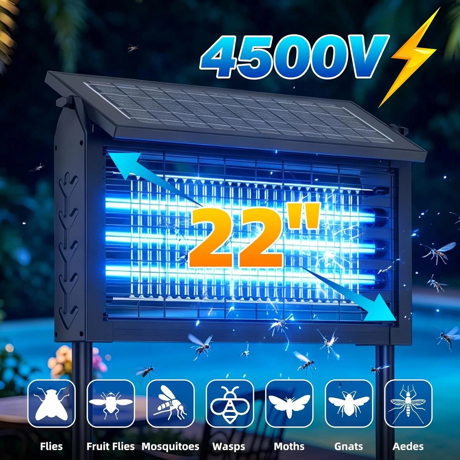 Solar Bug Zapper Outdoor Cordless Fly Trap Insect Zapper 4500V Mosquito Zapper