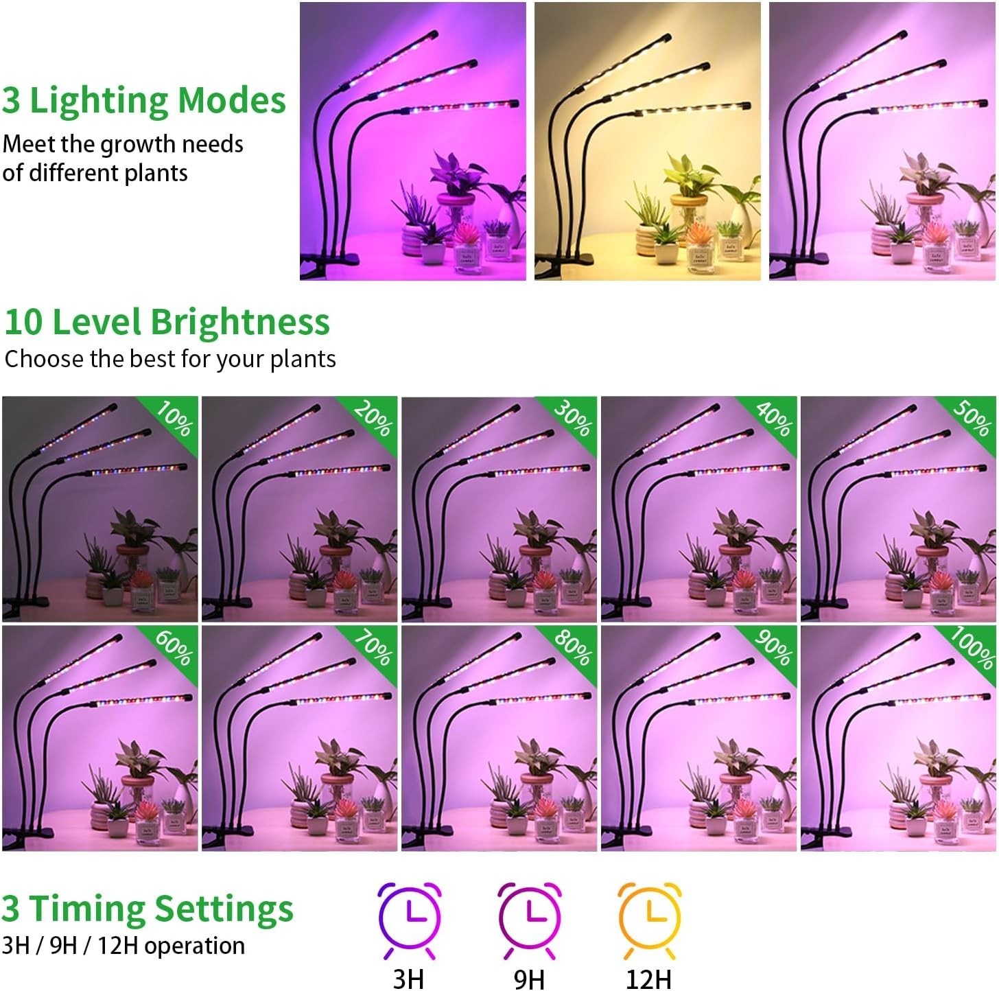 5-Head LED Grow Light Full Spectrum for Indoor Plants, Auto Timer, 10 Brightness