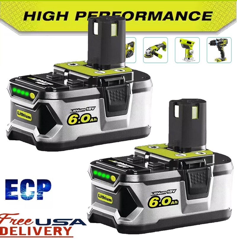 2PACK 6.0ah Battery For RYOBI 18V Battery High Capacity Battery 6000mAh Lithium