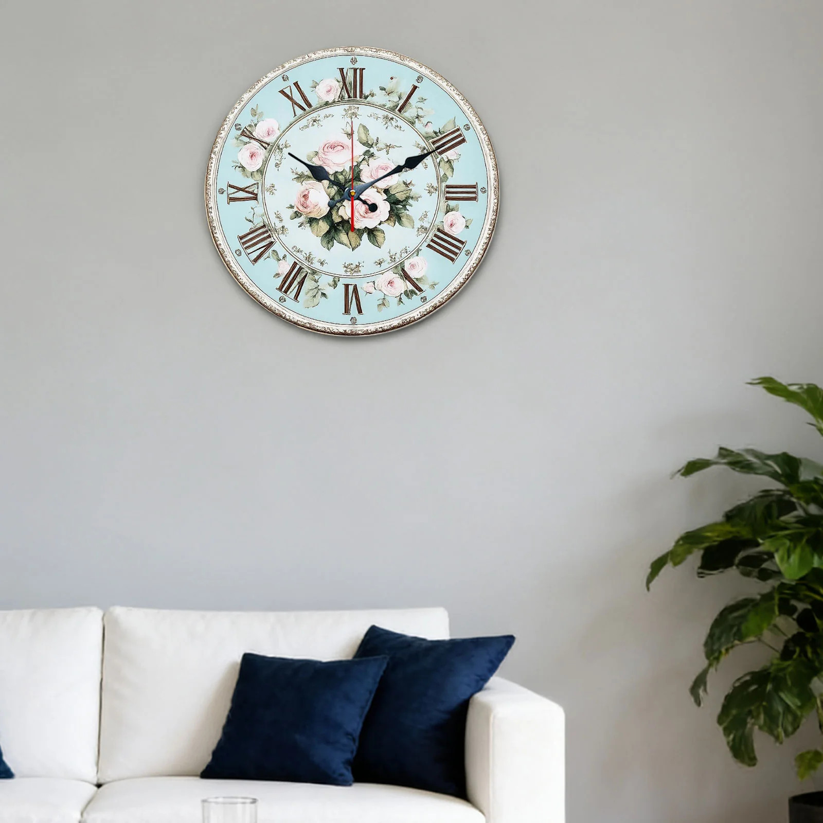 Pink Rose Pattern Wooden Silent Wall Clock No Battery Holiday Home Decors