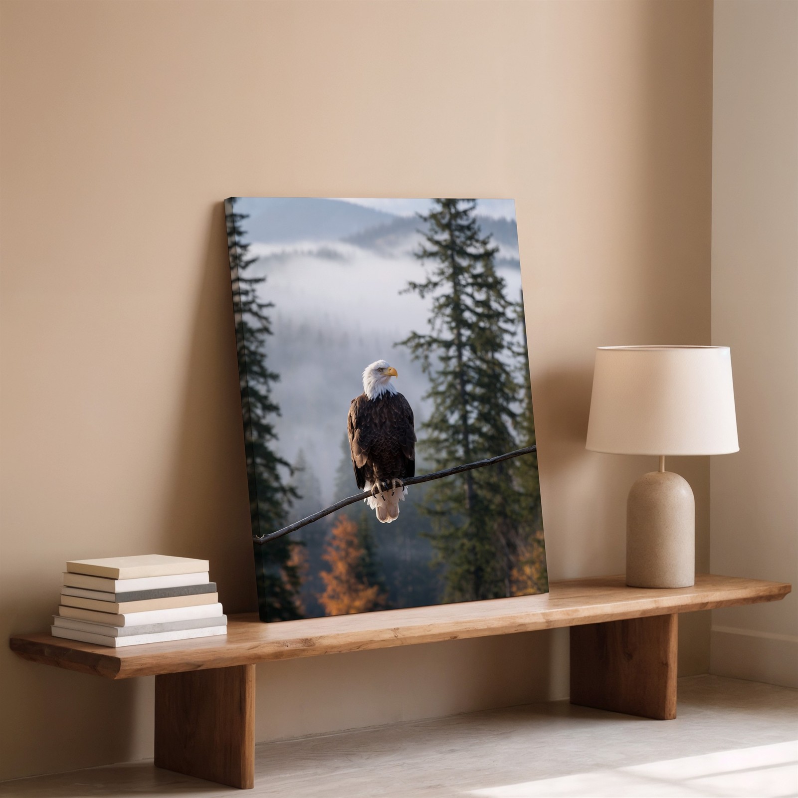 Wall Art Majestic Bald Eagle Perched On A Slender Branch, Overlooking A Misty