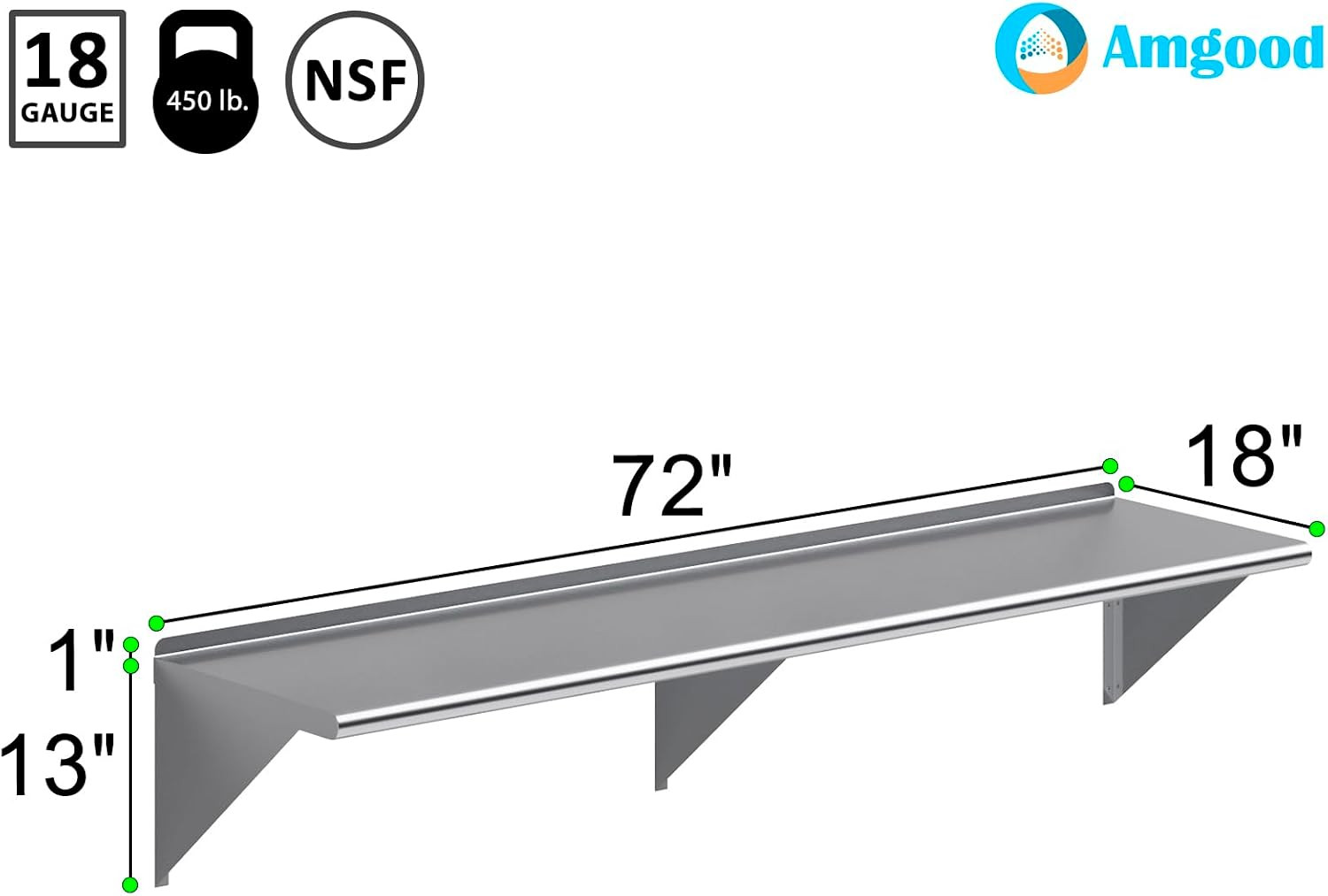 AmGood 18 in. x 72 in. Stainless Steel Wall Shelf | NSF | Metal Shelving | Garag