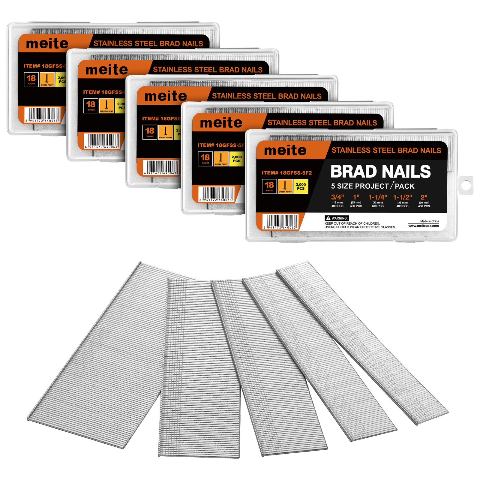 meite 18 Gauge Stainless Steel Brad Nails 5 Sizes (3/4″,1″, 1-1/4″, 1-1/2″, 2″)