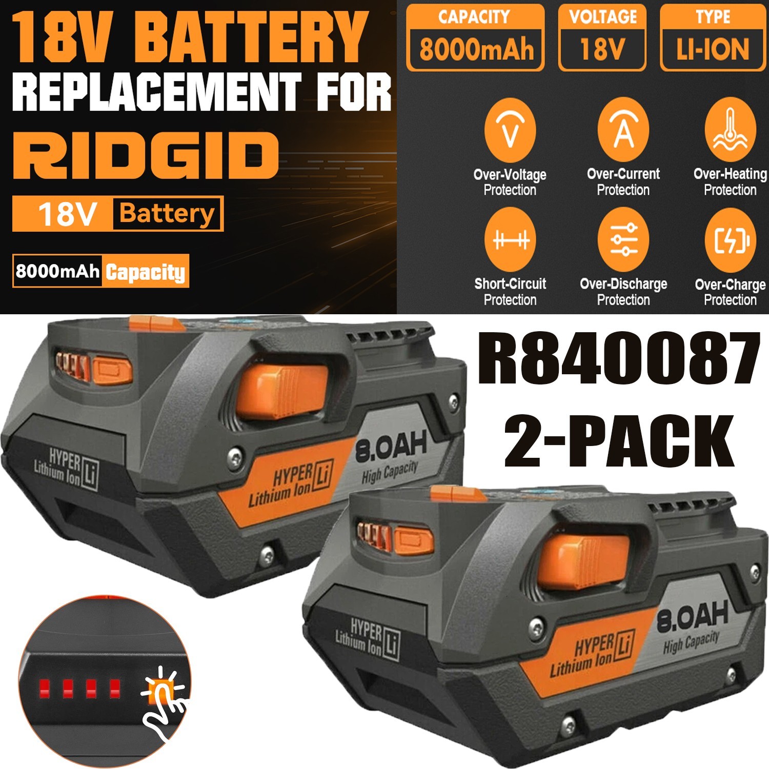 2 PACK For Ridgid 18V R840085 8.0Ah Lithium-ion Battery Rigid 18Volt R840087