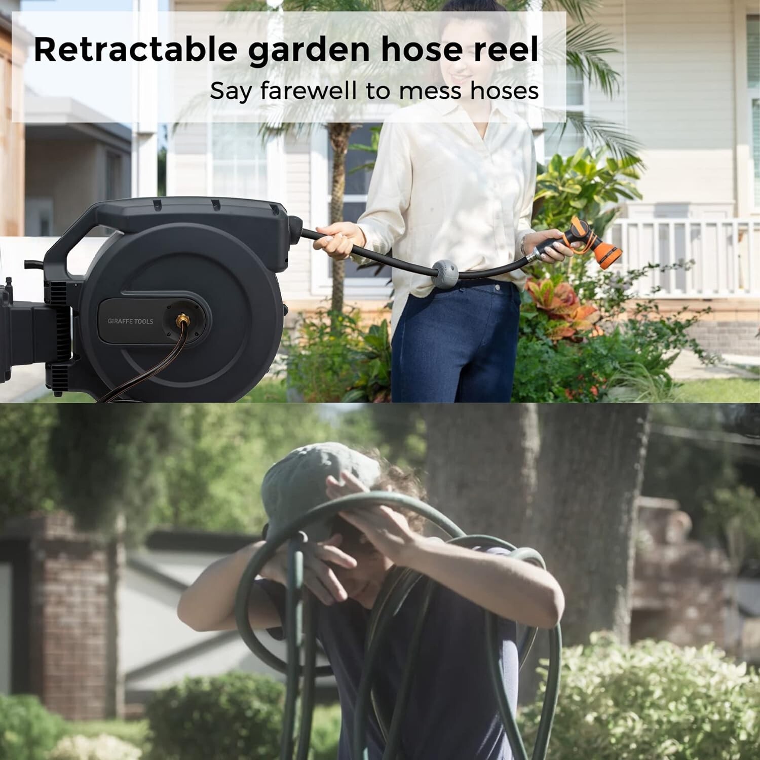 Giraffe Tools Retractable Garden Hose Reel Wall Mount 5/8-IN 115-FT with Nozzle