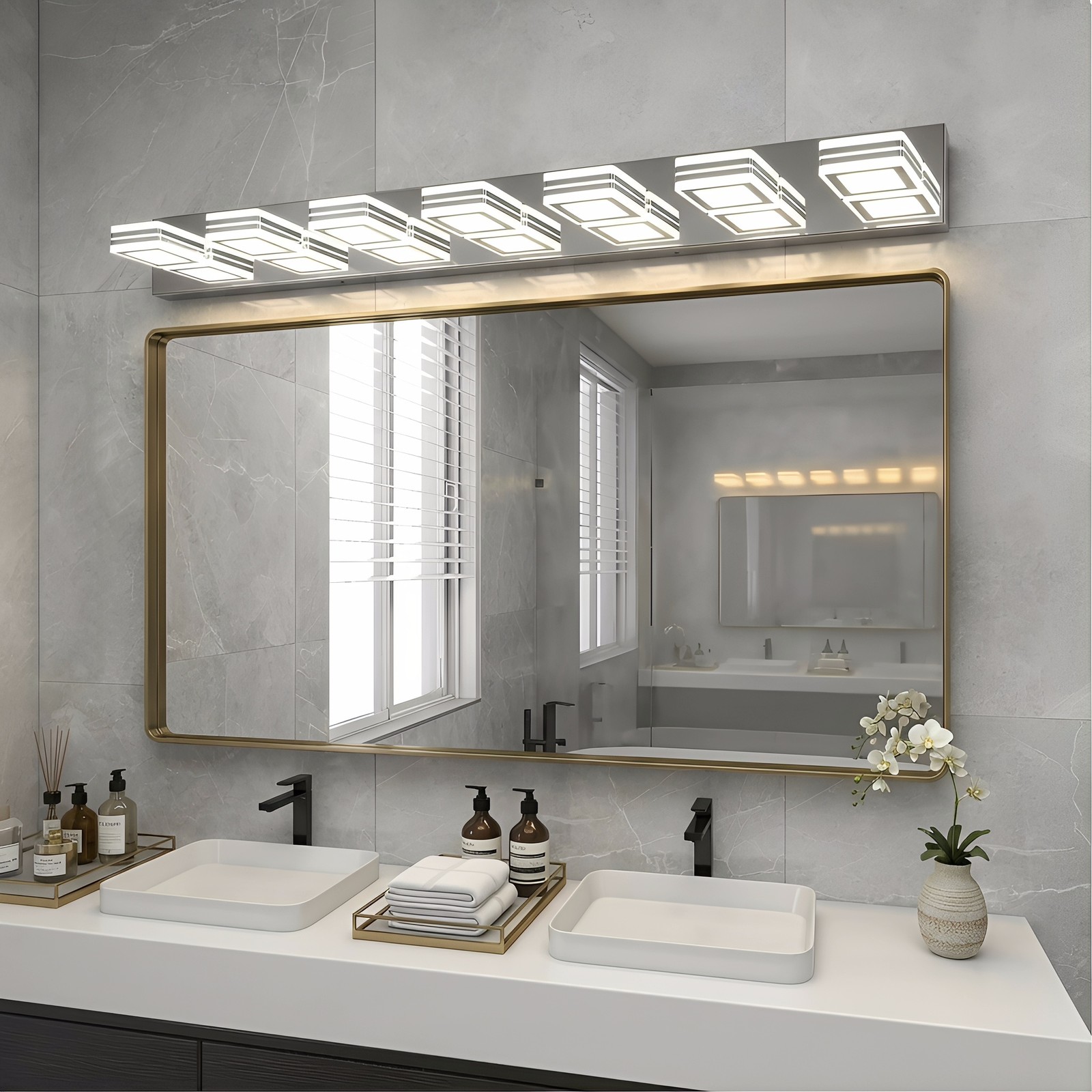 Chrome Dimmable LED Vanity Light 46 inch 7-Lights Wall Fixture Bathroom Mirror